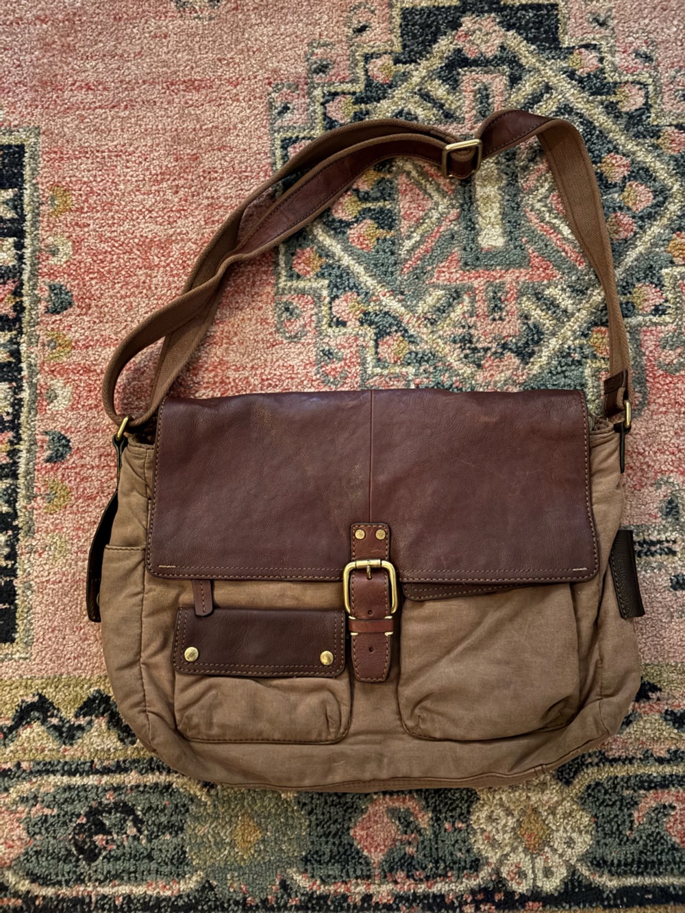 Vintage Fossil Brown Canvas Messenger Bag with Dark Brown Leather Flap